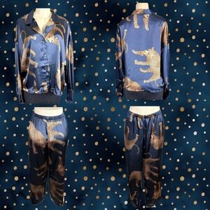 Linea Donatella Blue-Gold Satin Leopard Animal Print Pajama Set Long Sleeve